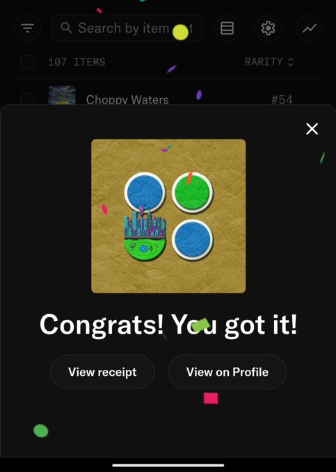 A digital receipt screen shows a 'Congrats! You got it!' message over an image of three colorful stickers (blue, green, and a sandcastle) on a tan background, with buttons for 'View receipt' and 'View on Profile.'