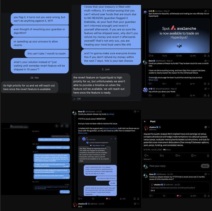 A collage of X/Twitter posts and DM conversations showing frustrated users complaining about Hyperliquid's unresponsive customer support and a critical bug report from "Bae" (@dlilaaasser) on June 2 regarding an ETH stuck issue that remains unresolved for over 2 months. The image visually supports the post's criticism of Hyperliquid's lack of customer support by displaying multiple user complaints and unanswered support tickets alongside their own tweet quoting "avalanche is now available to trade on Hyperliquid."