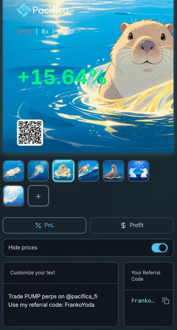 A Pacifica trading interface shows an otter-themed sticker for a SHORT 8x PUMP position with +15.64% profit, featuring a referral code "FrankoYoda".