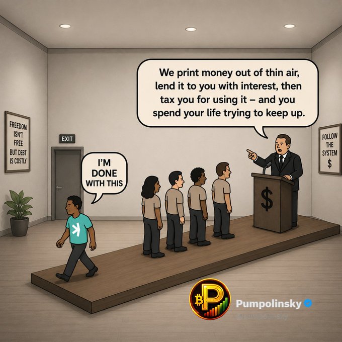 The image features a cartoon scene of a man giving a speech at a podium, with a group of people standing behind him. The text "We print money out of thin air lend it to you with interest then tax you for using it, and you spend your life trying to keep up" is displayed on the wall above the speaker. This quote is related to Bitcoin, as it references the concept of peer-to-peer currency and its potential impact on traditional financial systems. The image also includes a post about Bitcoin that promotes the idea of a pure stateless currency without banks or gatekeepers, which could be seen as an alternative to the current monetary system.