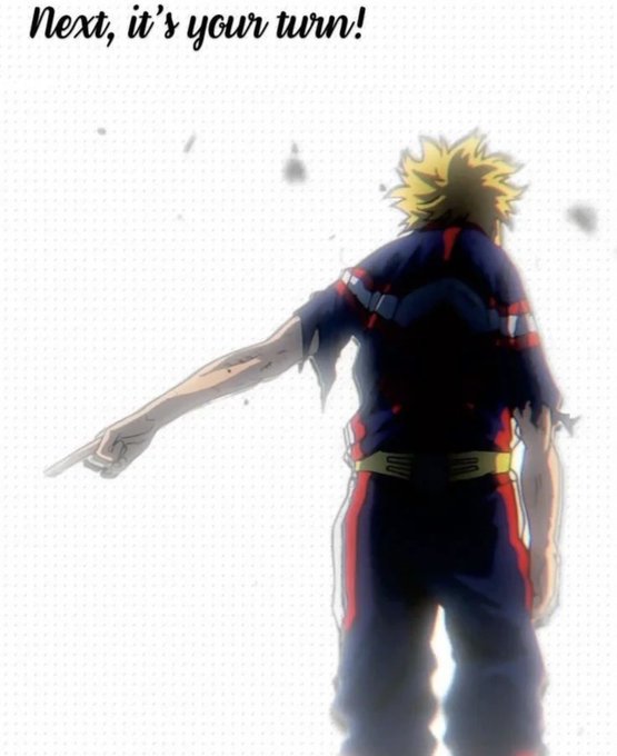 An anime illustration showing a spiky blonde-haired character from behind in a dark blue and red outfit, pointing forward with the text 'Next, it's your turn!' at the top.