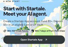 An advertisement banner reading 'Start with Startale. Meet your AI agent.' offering benefits including '$100 START Points' and '7 days of Purr-Fect Claw', with an 'Open Startale App' button.