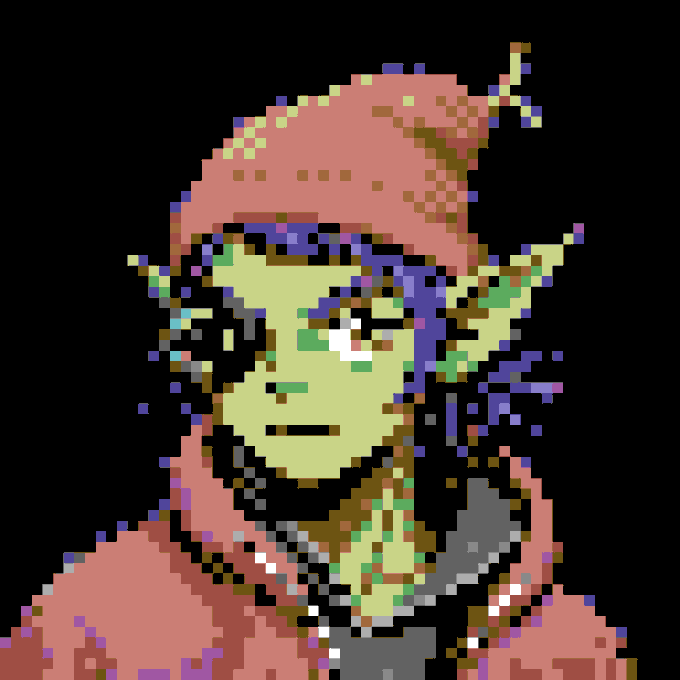 Pixelated, glitch-art style portrait of a person wearing a cap and jacket against a black background.