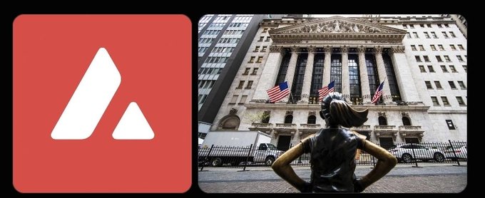 A composite image featuring the red Avalanche (AVAX) logo on the left and the Fearless Girl bronze statue standing in front of the New York Stock Exchange building with American flags on the right.