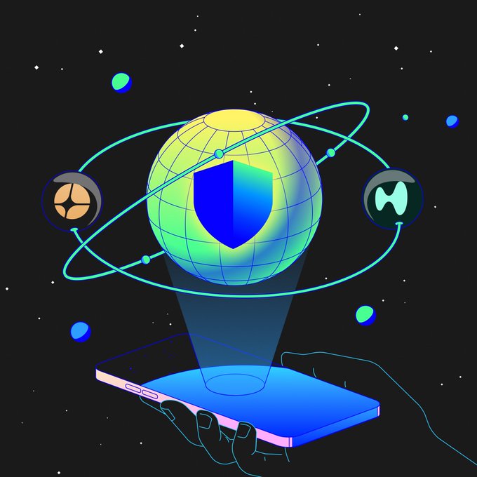 The image features a hand holding a smartphone with a blue screen protector covering it. The phone's screen displays an illustration of a globe surrounded by planets, with a shield protecting the globe from incoming threats. The caption below the image reads "It's not Hyperliquid vs Aster It's @HyperliquidX and @Aster_DEX accessible directly inside Trust Wallet! → Hyperliquid = RWAs, US/KR market exposure, deeper liquidity → Aster = HK market exposure, Chinese meme markets, higher leverage One wallet, best of both worlds".