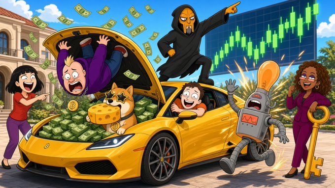 A cartoonish illustration of characters celebrating around a yellow Lamborghini filled with cash, featuring a Dogecoin mascot, a robot, a hooded figure, and a green stock chart in the background.