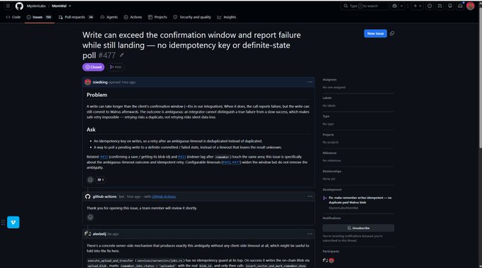 A screenshot of a MystenLabs GitHub issue page discussing a bug titled 'Write can exceed the confirmation window and report failure while still landing — no idempotency key or definite-state poll #477', with sections for Problem and Ask.