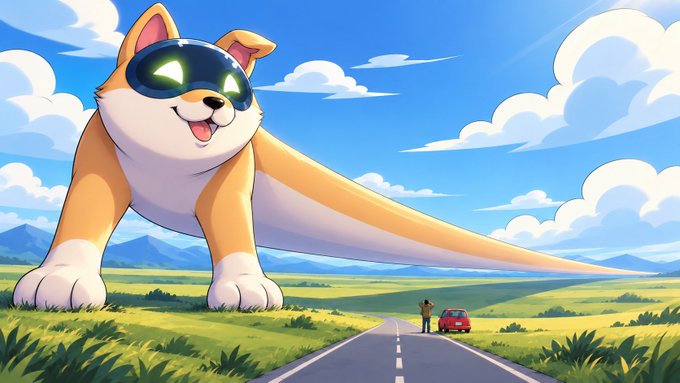 A cartoonish Shiba Inu dog with a futuristic visor and elongated body stretches across a vast landscape, dwarfing a tiny person and red car on a road below. The image humorously illustrates the concept of being "scarily long" on $AI, with the comically stretched dog symbolizing an excessive or overextended position.