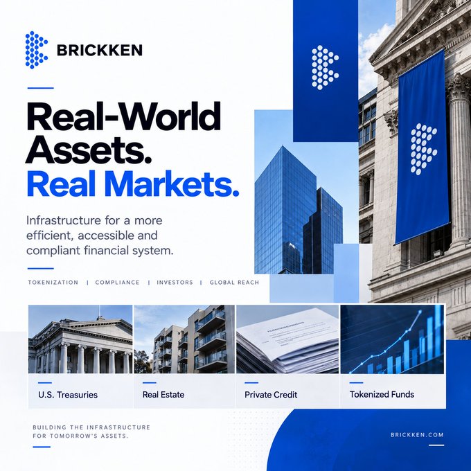An advertisement for 'BRICKKEN' reading 'Real-World Assets. Real Markets.,' with the tagline 'Infrastructure for a more efficient, accessible and compliant financial system,' and category icons for 'U.S. Treasuries,' 'Real Estate,' 'Private Credit,' and 'Tokenized Funds.'