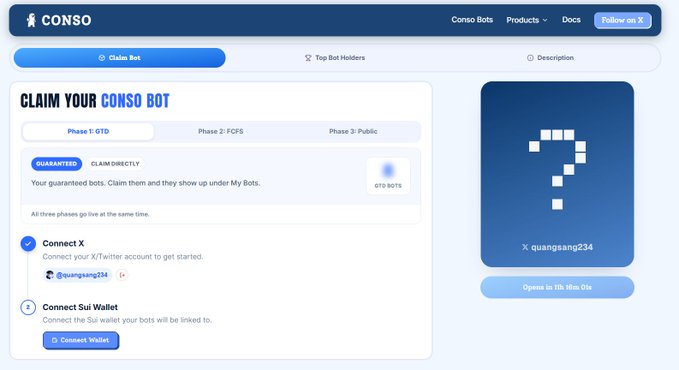 A CONSO web page says “CLAIM YOUR CONSO BOT” and includes steps to connect X and a Sui wallet, with a QR-code panel on the right.