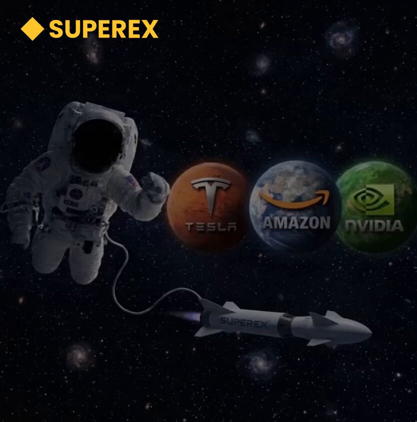 The image features a man dressed as an astronaut floating in space, with four different planets visible around him - Mars, Venus, Amazon, and GVDIA. The caption of the image reads "50 USDT Giveaway If you could only buy ONE US stock right now... Which one would it be? Comment below How to enter: #SuperExet @".