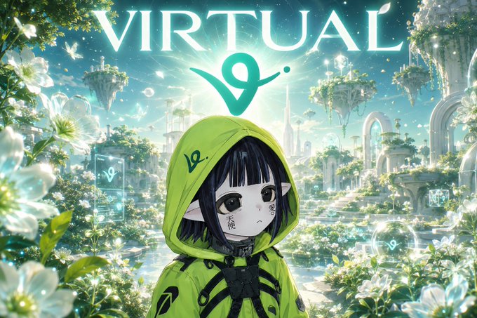An anime-style character wearing a green hoodie with dark markings stands in front of a futuristic, ethereal green garden setting with floating islands and the word 'VIRTUAL' displayed above.