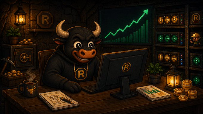 A digital illustration of a cartoon bull character wearing a black hoodie with an 'R' logo, sitting at a desk with a computer monitor displaying an upward-trending green chart, alongside gold coins and mining equipment.