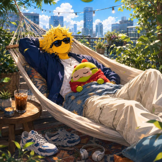 An anime-style illustration of a character with yellow hair and sunglasses relaxing in a hammock on a balcony, cuddling a small green creature, with a city skyline in the background and iced coffee nearby.
