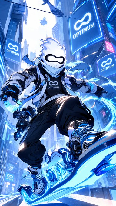 An anime-style illustration depicts a futuristic skateboarder with white hair, an infinity-symbol mask, and an 'OPTIMUM'-branded jacket riding a glowing hoverboard through a neon-lit cyberpunk city.