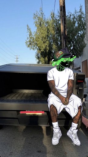 A person wearing a white t-shirt, shorts, white sneakers, and a baseball cap sits on the tailgate of a black pickup truck, with a green animated graphic effect covering their face.