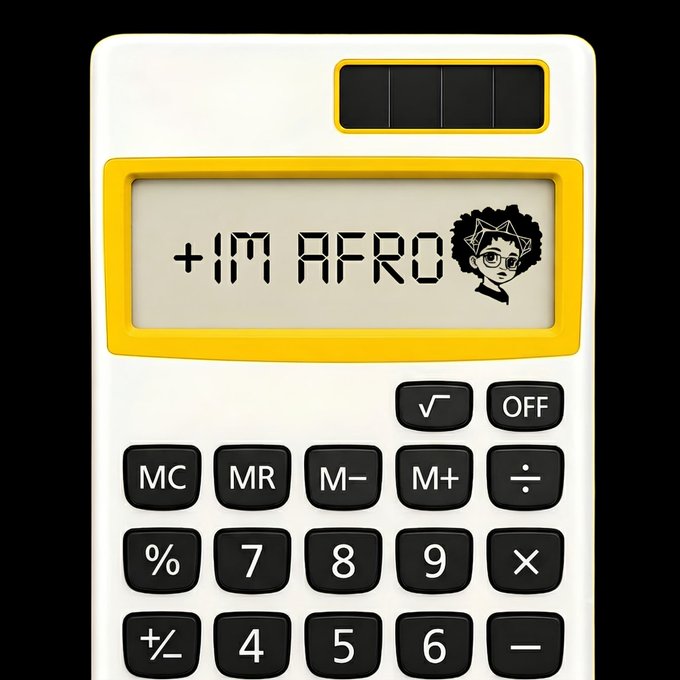 A white and yellow calculator with a digital display reading '+IM AFRO' next to a cartoon avatar of a person with an afro hairstyle and glasses.