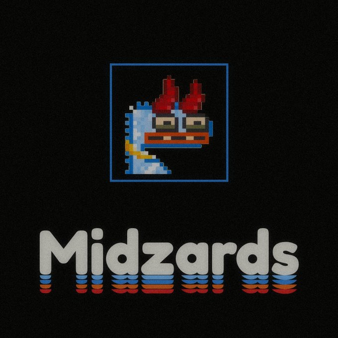 A retro pixel-art dragon head in blue and red is displayed inside a blue square frame above the word "Midzards," rendered in a bubbly white font with colorful blue and red dripping effects, all set against a black background.