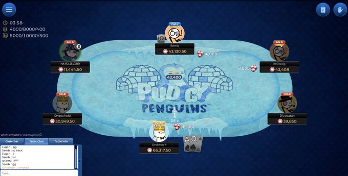 A screenshot of an online poker game called 'Pudgy Penguins' showing players like KONG, geth, and CryptoHobbi around a virtual ice-themed table with chip counts displayed.