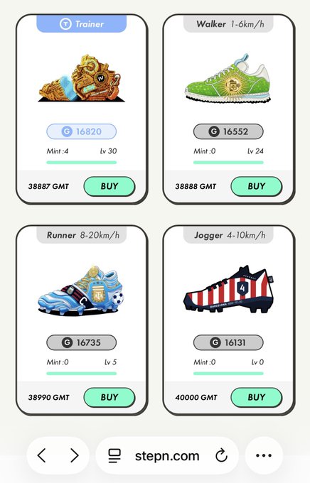 A STEPN NFT sneaker marketplace shows four shoe types (Trainer, Walker, Runner, Jogger) with their GMT prices ranging from 38887 to 40000 GMT, each with a 'BUY' button.