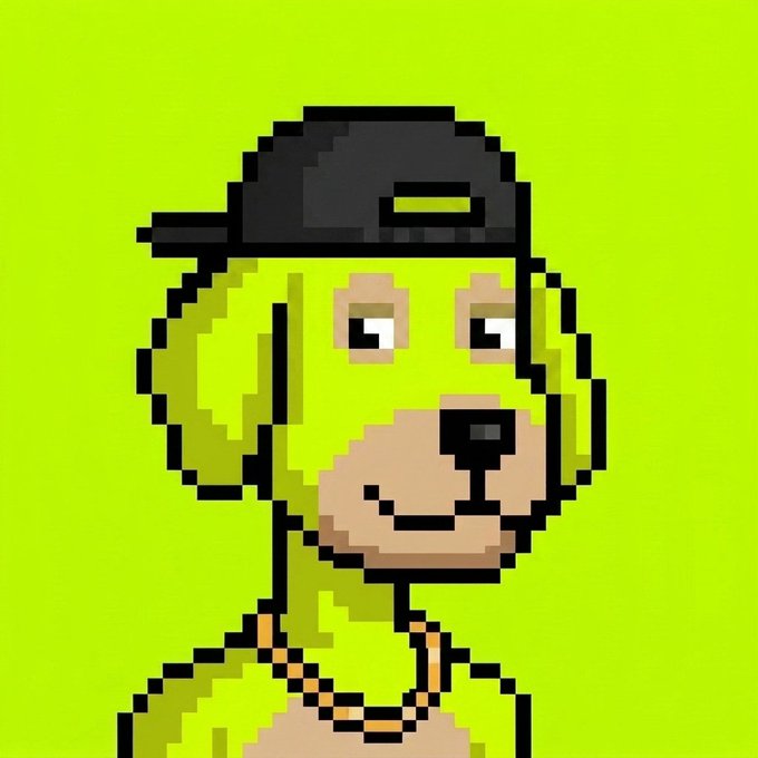 A pixel art illustration of a green dog wearing a black cap and gold chain, representing the "RobinDogi" NFT collection being given away for a free mint on the Robinhood Chain. The character's cool demeanor and street accessories tie into the giveaway's crypto/NFT theme.