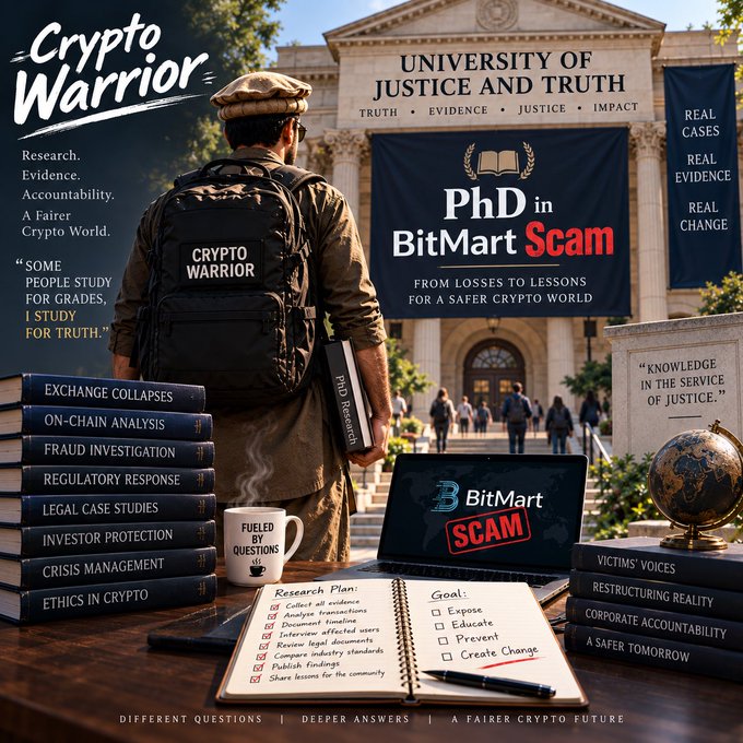 A promotional graphic titled 'Crypto Warrior' depicts a person with a backpack facing the 'University of Justice and Truth,' advertising a 'PhD in BitMart Scam' with stacks of books and a research plan.