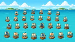 A grid of pixel-art boats sails across a tropical sea, visually echoing the "Pixelated Puffins" giveaway where 5 winners are selected to join the ecosystem before the game launches. The nautical pixel imagery reinforces the game's theme of building a fleet-based ecosystem for early adopters.