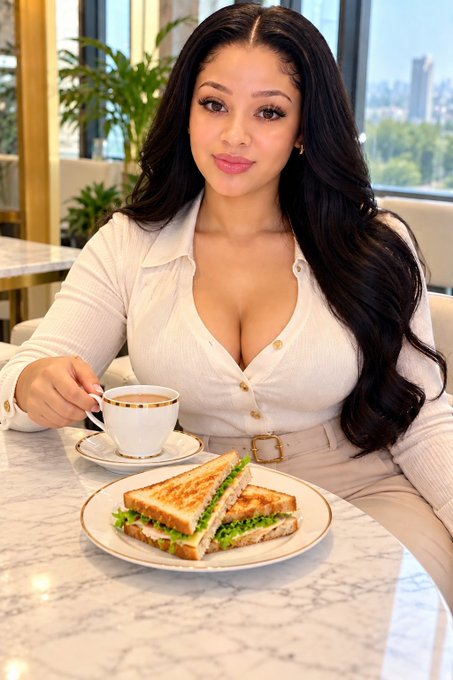 A woman with long dark hair wearing a cream-colored button-up top sits at a marble table with a sandwich and a cup of coffee, with a city skyline visible through the window behind her.
