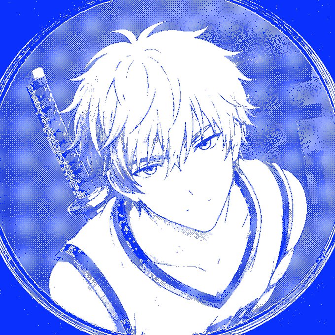 Blue and white anime-style illustration of a serious-looking character with a sword on his back inside a circular frame, featuring a Japanese text signature in the corner.