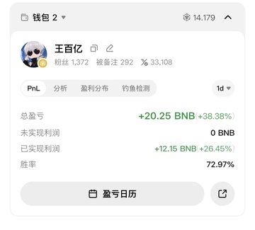 A trading dashboard displays a wallet ("钱包 2") with 14.179 BNB, belonging to user "王百亿" (1,372 followers, PnL analysis), showing a 1-day total profit of +20.25 BNB (+38.38%) with a 72.97% win rate, visually confirming the claim of over 20 BNB in single-day gains.