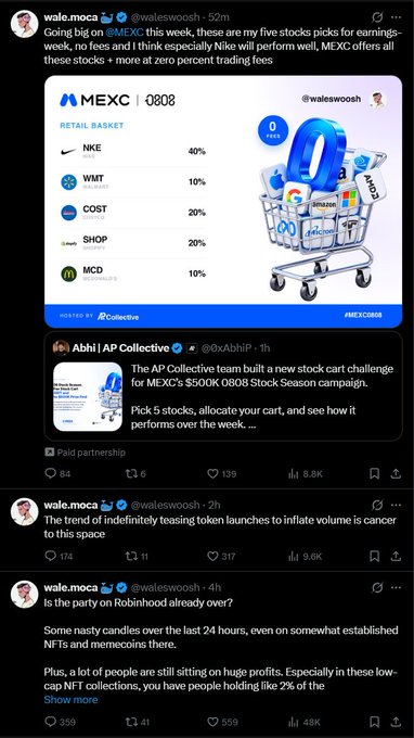The image shows Twitter/X posts by @waleswoosh promoting a paid partnership with "AP Collective" for a MEXC stock basket challenge, featuring tickers NIKE (40%), WMT (10%), COST (20%), SHOP (20%), and MCD (10%), followed by his commentary claiming the NFT token launch trend is dead and questioning if "the party on Robinhood already over." This directly contradicts his promotional tweet, illustrating the hypocrisy highlighted in the accompanying post—shilling CEX platforms like MEXC while claiming NFTs are over, with no apparent personal investment in his bearish NFT takes.