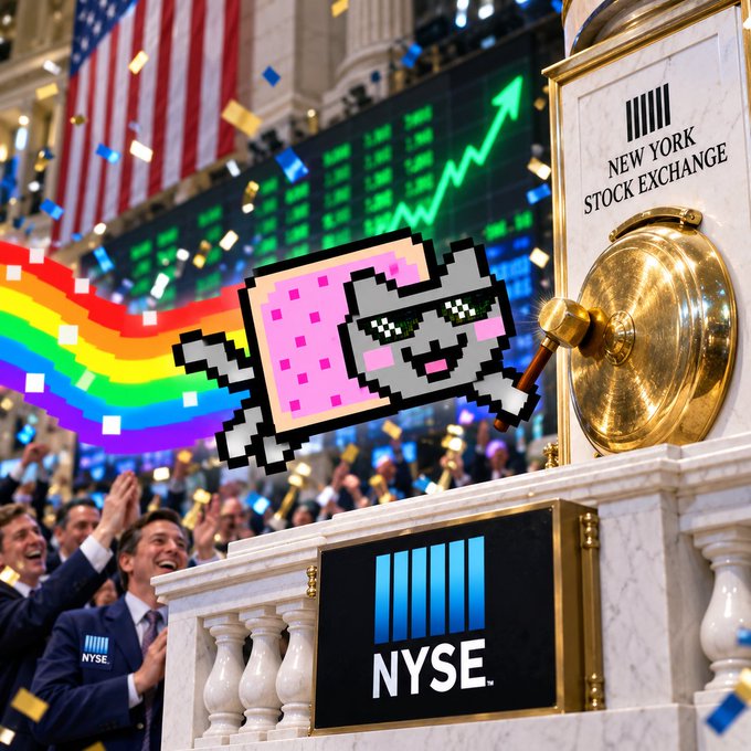 The iconic Nyan Cat meme floats with its rainbow trail above a jubilant crowd at the New York Stock Exchange, with 'NYSE' and 'NEW YORK STOCK EXCHANGE' signage visible alongside a golden bell and a green upward stock chart.