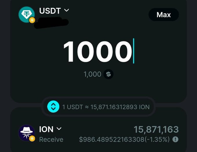 A cryptocurrency exchange interface showing a swap of 1000 USDT to 15,871,163 ION, with a rate of 1 USDT ≈ 15,871.16312893 ION, displaying ION at $986.489522163308 (-1.35%).