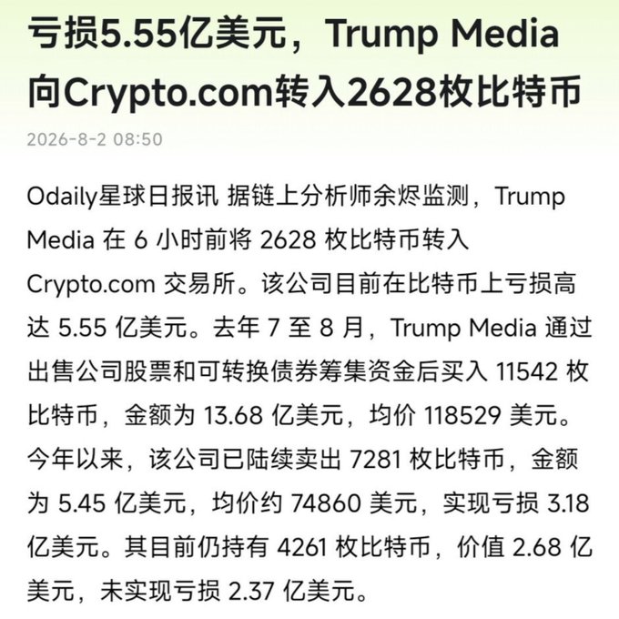 A Chinese news article dated 2026-8-2 reports that Trump Media transferred 2,628 bitcoins to Crypto.com, incurring losses of $555 million on its bitcoin holdings.