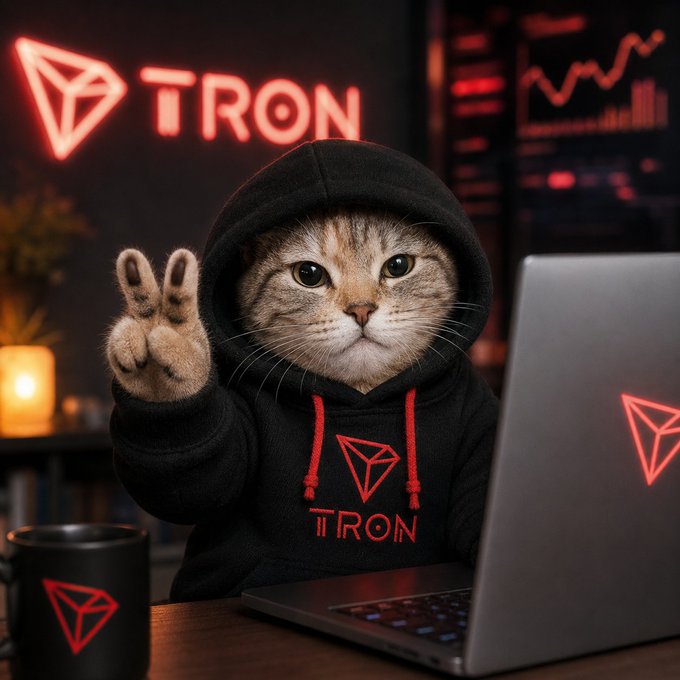 A cat in a black TRON hoodie gives a two-finger salute while working on a TRON-branded laptop, with “TRON” logos and a rising market chart glowing in the background. The image reflects the post’s message that TRON’s growth—highlighted by 15B+ transactions and expanding stablecoin, DeFi, and AI utility—is becoming more accessible and user-friendly.