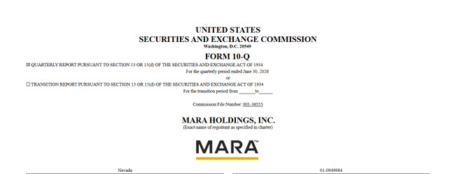 A cropped portion of a United States Securities and Exchange Commission Form 10-Q filing for MARA Holdings, Inc. (Commission File Number 001-36555), showing the company's logo and Nevada incorporation details.