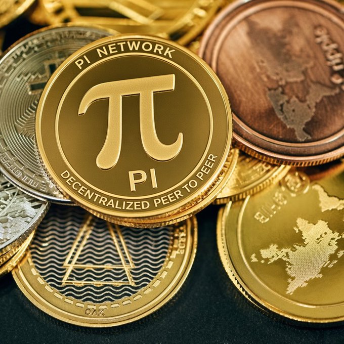 A close-up of various cryptocurrency coins, prominently featuring a gold "PI NETWORK" coin with its pi symbol and the text "DECENTRALIZED PEER TO PEER."
