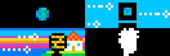 Four retro pixel-art style icons including a planet, a rainbow landscape with characters, a blue heart on a striped background, and a white ghost figure.