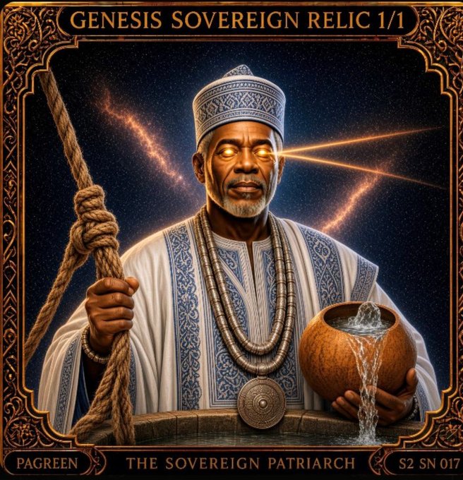 A fantasy trading card titled 'GENESIS SOVEREIGN RELIC 1/1' depicts a glowing-eyed African elder in traditional robes holding rope and a vessel of water, labeled 'PAGREEN', 'THE SOVEREIGN PATRIARCH', 'S2 SN: 017'.