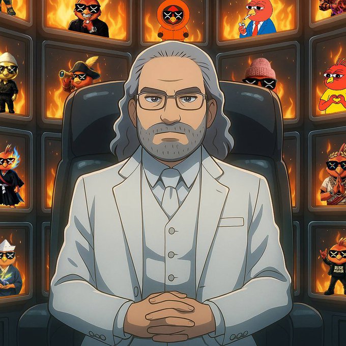 An anime-style illustration of a gray-haired, bespectacled man in a white suit sitting before a wall of TV screens displaying various X/meme characters against fiery backgrounds.