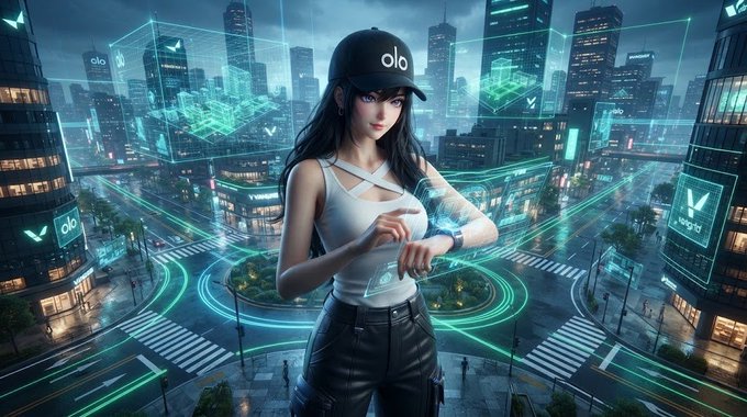 Digital artwork of a stylized young woman wearing a white tank top, black pants, and a black cap with the "olo" logo, standing in a futuristic cyberpunk cityscape with green neon holographic displays.