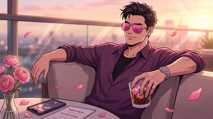 A stylishly relaxed man lounges on a rooftop at golden hour, holding a glass of whiskey with his phone and a "Romantic Specials" menu resting on the table beside a vase of pink roses—projecting an effortlessly confident, weekend-ready vibe that matches the upbeat "Gm and have a great weekend everyone" sentiment.