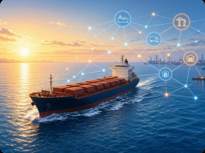 A digital illustration of a cargo ship at sunset, overlaid with an interconnected network graphic featuring icons of a boat, crane, truck, buildings, and other logistics symbols.