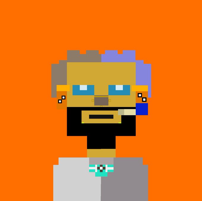 Pixel art illustration of a blonde character with blue eyes and earrings, smoking a cigarette against a bright orange background.