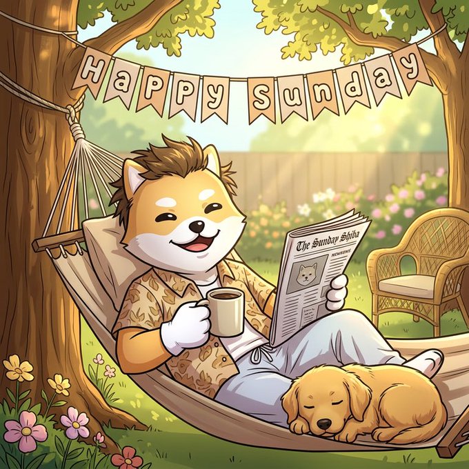 A cartoon illustration of a smiling Shiba Inu dog relaxing in a hammock with a coffee mug and newspaper, accompanied by a sleeping puppy, under a 'Happy Sunday' banner.