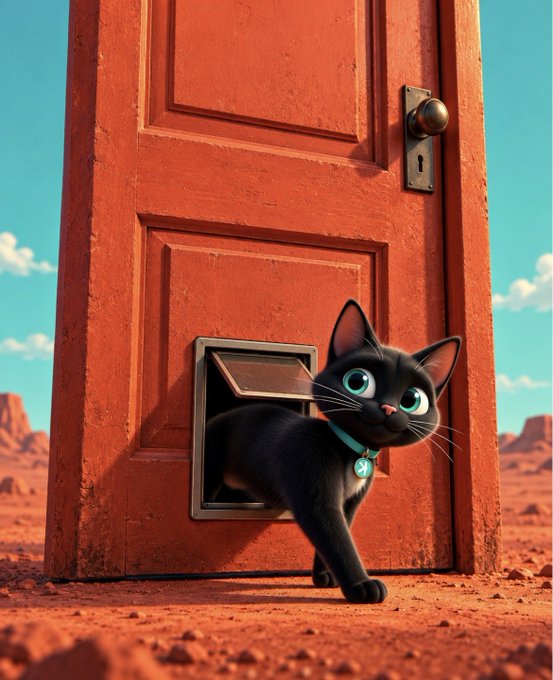 A 3D animated black cat with a teal collar steps out of a cat flap installed in a large, standalone orange door set in a desert landscape.