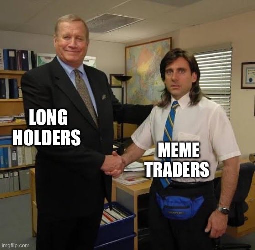 A meme from The Office showing two men shaking hands, labeled 'LONG HOLDERS' and 'MEME TRADERS' with the imgflip.com watermark.