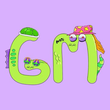 A stylized green cartoon snake or letter "G" with googly eyes, a pink hat, and a small turtle friend against a light purple background.