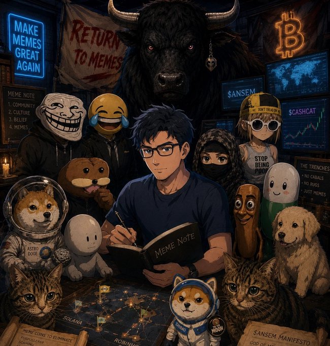 An anime-style illustration titled 'SANSEM MANIFESTO' showing a man writing in a 'Meme Note' surrounded by various meme characters, dogs, cats, and a menacing bull, with neon signs reading 'MAKE MEMES GREAT AGAIN', 'RETURN TO MEMES', and crypto references like $ANSEM and $CASHCAT.