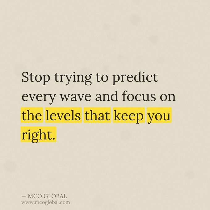 An inspirational quote on a cream background reads: "Stop trying to predict every wave and focus on the levels that keep you right," attributed to MCO GLOBAL (www.mcoglobal.com), with the phrase "the levels that keep you right" highlighted in yellow.